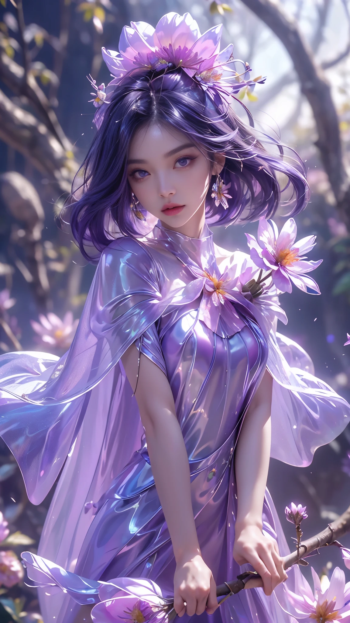 8k, masterpiece, 1 girl, beautiful face, very long hair, light makeup, (glossy skin:1.5), detailed eyes, detailed lips, small bust, short clothing, dragonfly, ((purple dragonfly clothing)), ((flowing cape)), light clothing, (flower falling:1.5), god rays, depth of field, ray tracing,