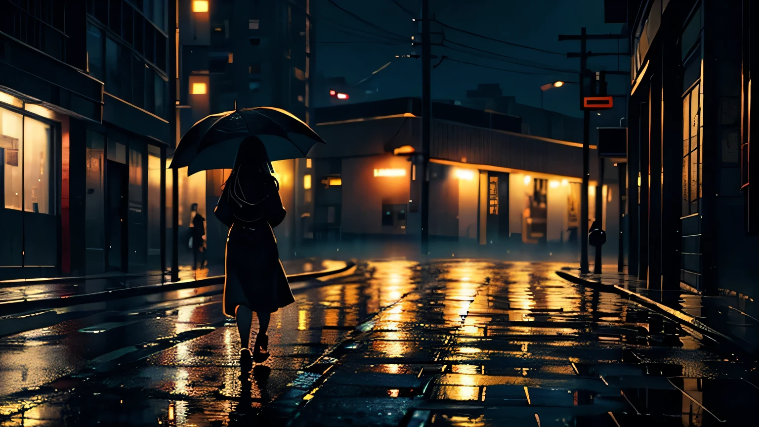 A heartbroken woman walks on the sidewalk in the night rain. The headlights that illuminated the dark road shone on her, Casts a huge shadow on the wall of the building. (best quality), (masterpiece:1.3), Extremely detailed, sombras bem definidas, Very detailed, Depth of Field, Ultra detailed background, Out of focus