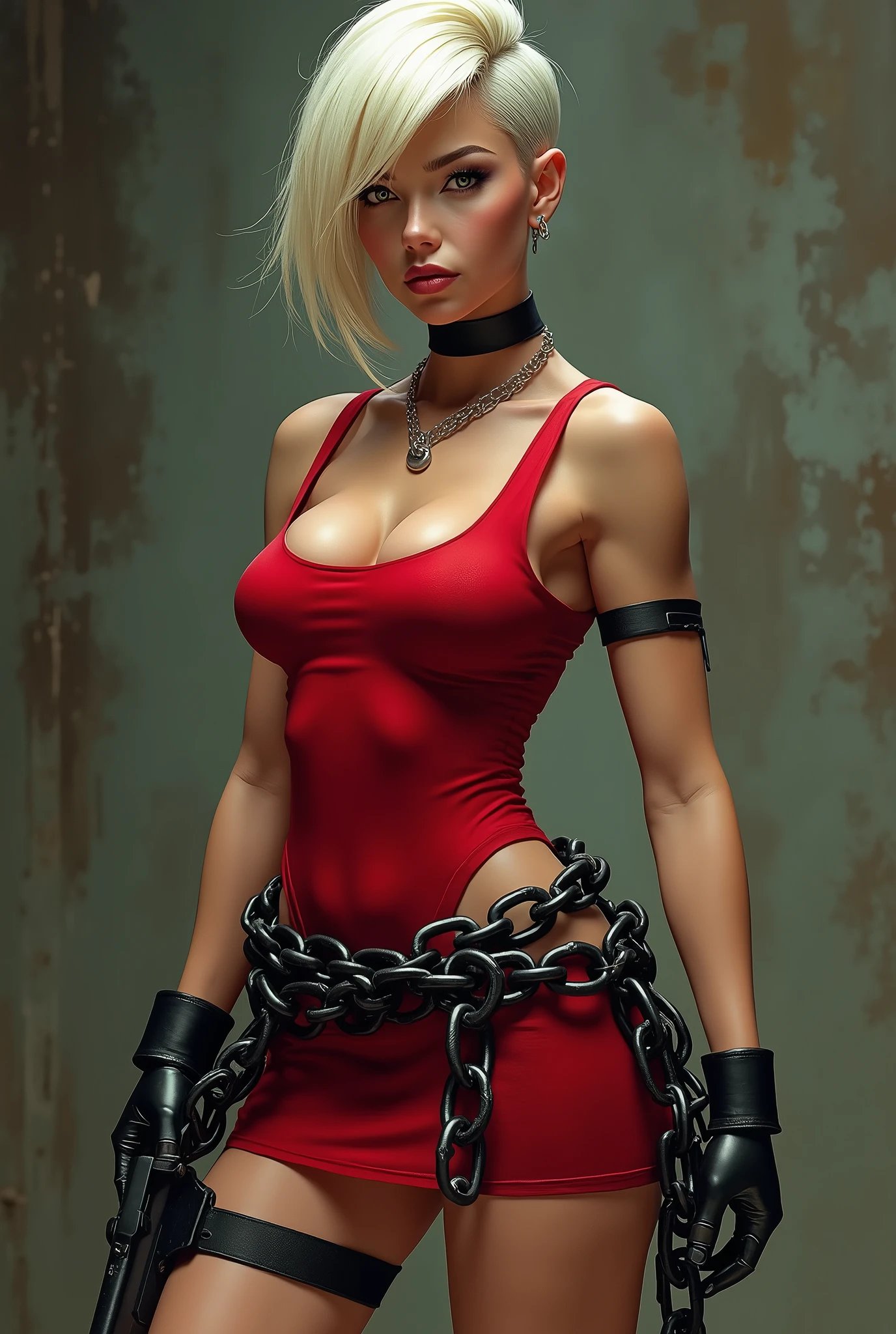 short red dress, undercut platinum bobcut blonde hair, small breasts, fit, muscular, short hair, mercenary, chains