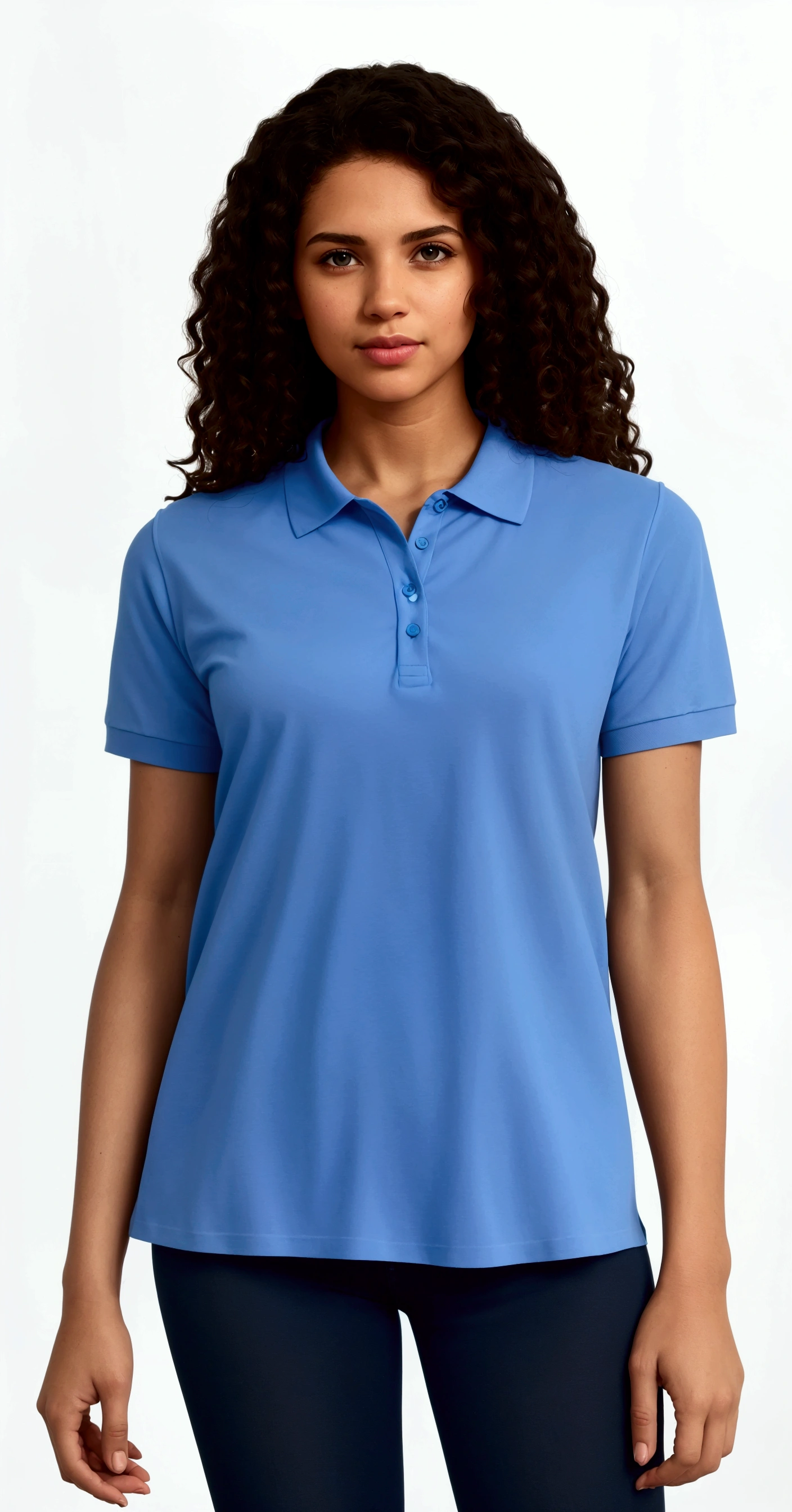 port authority women's with curly hair, polo shirt, wearing polo shirt, wearing a dark blue polo shirt, light-blue, wearing a light blue shirt, short sleeves, collared shirt, blue shirt, in a dark teal polo shirt, light blue, sky blue, blue, pale blue, half image, 3/4 front view, close body shot, blue tight tshirt, curly Hair.