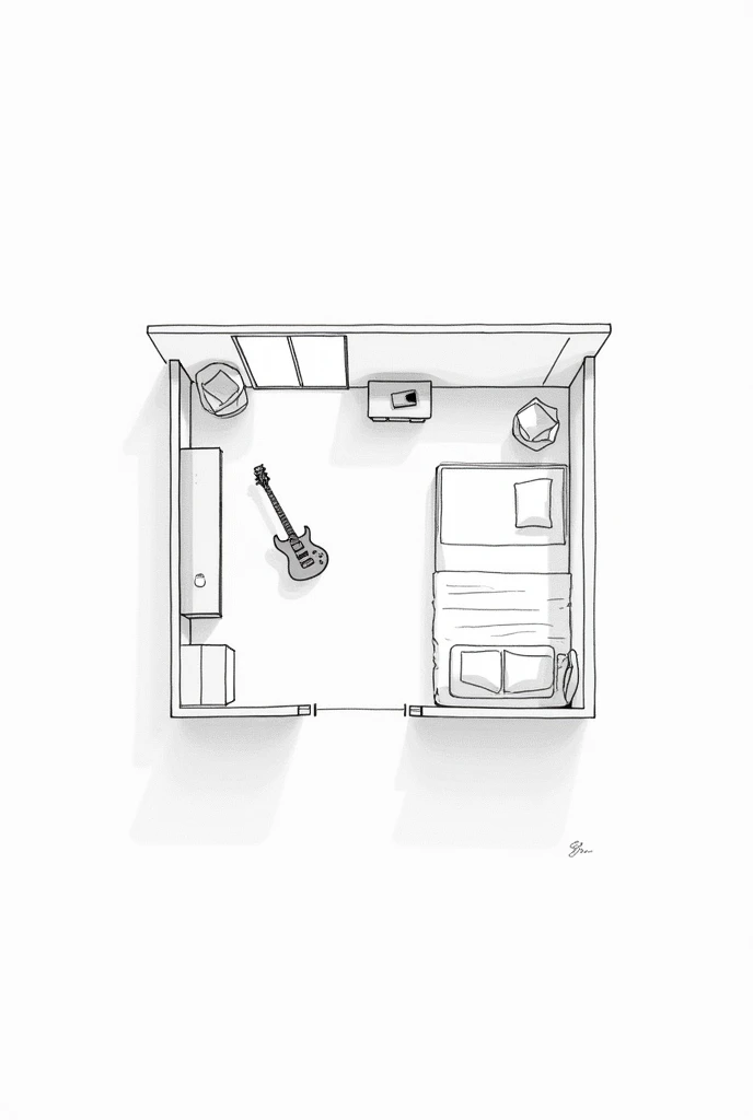 A sketch of a drawing of a room without color and that is of a person who likes the electric guitar without the person and that is a floor plan with a little more furniture seen from above the room that is a personal room without armchairs and with a simple bed