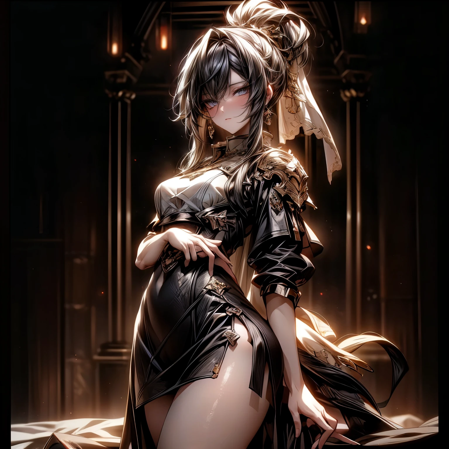 (best quality)), ((Masterpiece)), (details:1.4), 3d, HDR (high dynamic range), an image of a beautiful cyberpunk female, fantasy, Cyberpunk, Black hair, High ponytail, Full body, Beautiful white eyes, จมูกโด่ง, ปากแดง, หน้าอกใหญ่, nvidia RTX, PBR surface, After processing, Anisotropic filtration,depth of field, Maximum clarity and clarity, multi-layered surface, Subsurface scattering, perfect proportions, 8K raw files, ultra detailed, Perfect proportions, volumetric lighting, soft lighting, Holy Paldin, Heavy Golden Armor, glossy skin, Castle background, jewely, ต่างหู, นิ้วมือสมบูรณ์, mini Black skirt,