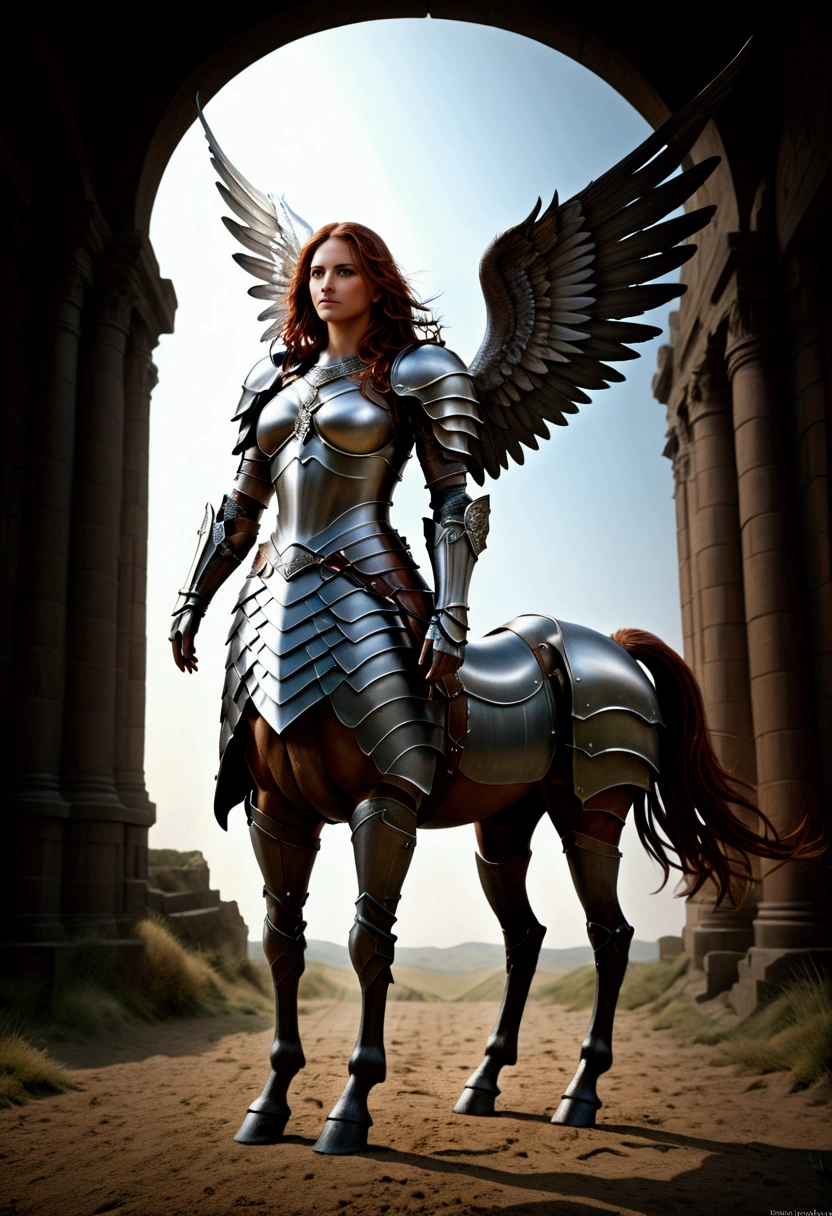 a Centaur angel, Armor, by Anne Stokes. Beautiful cinematic lighting, surreal, color graded, dynamic movement, captivating chiaroscuro, full body, award-winning, cinematic still, emotional, vignette, dynamic, vivid, (masterpiece, best quality, photorealistic, Professional, perfect composition, very aesthetic, absurdres, ultra-detailed, intricate details:1.3)