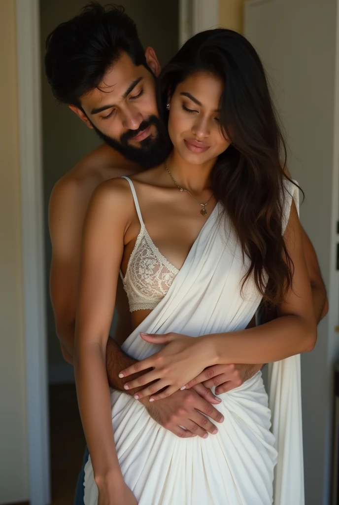 indian wife and young man having an erotic romantic sex, in the morning, at home, man behind woman, woman wearing white sari, sari falls off shoulder, woman wearing no bra and blouse, man hugging from behind, man's hand on her breast, nsfw, detailed home