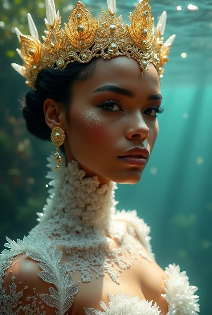 Black woman. Honey brown skin. Mermaid with white crystals all over skin. Golden crown. Ultra high resolution.