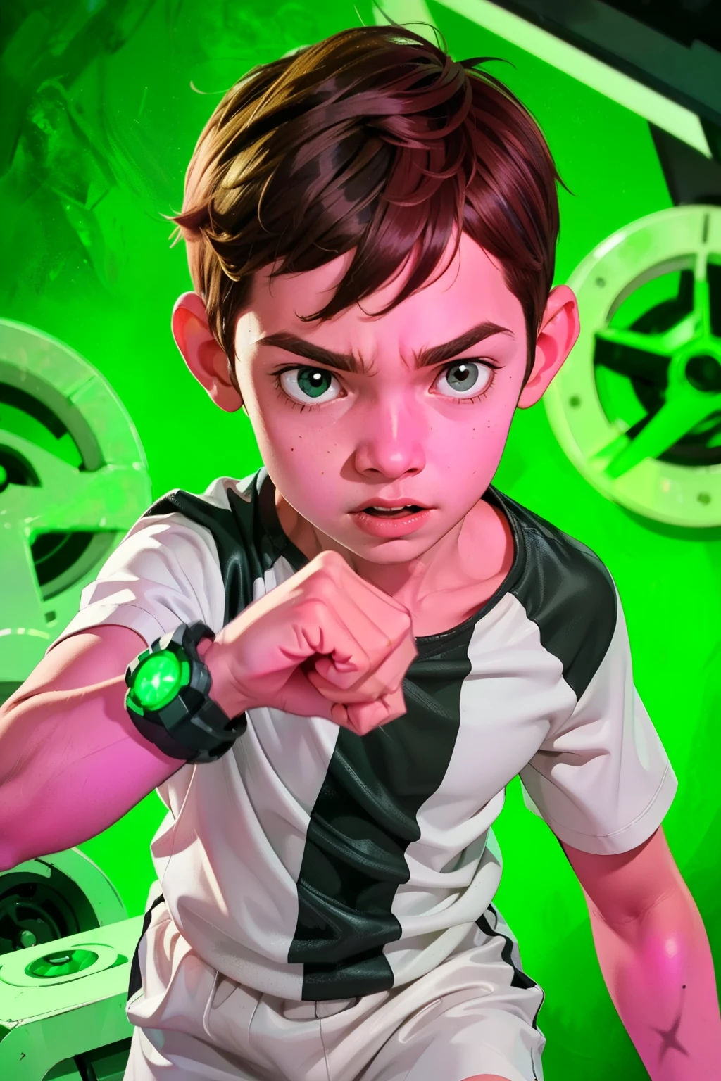 Movie poster, Ben 10 ((A child, 6 years))), ((wearing a white outfit with black stripe in the center, showing fist. Machine on arm. Action facial expression )) . highy detailed, face detailed, realisitic, cinematic lighting, studio quality, proffesional, face detailed, intrikate, bright coloured. ((abstract background)).