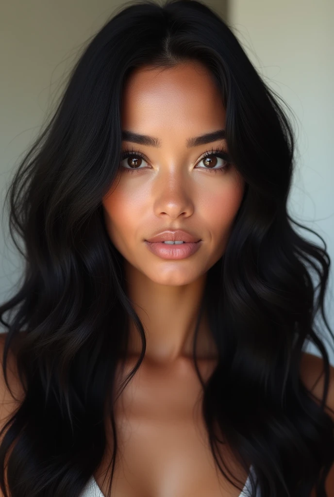 Make a normal white Brazilian woman, long black wavy hair, looking at the camera