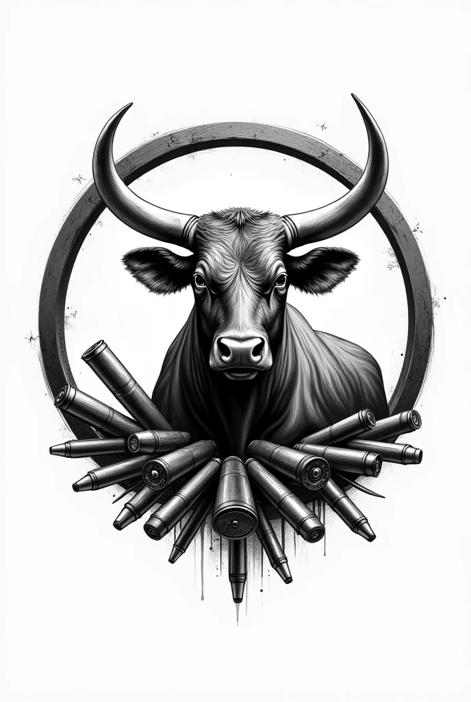 I want a black and white sketch of a logo inside a circle that has an ox and ammunition