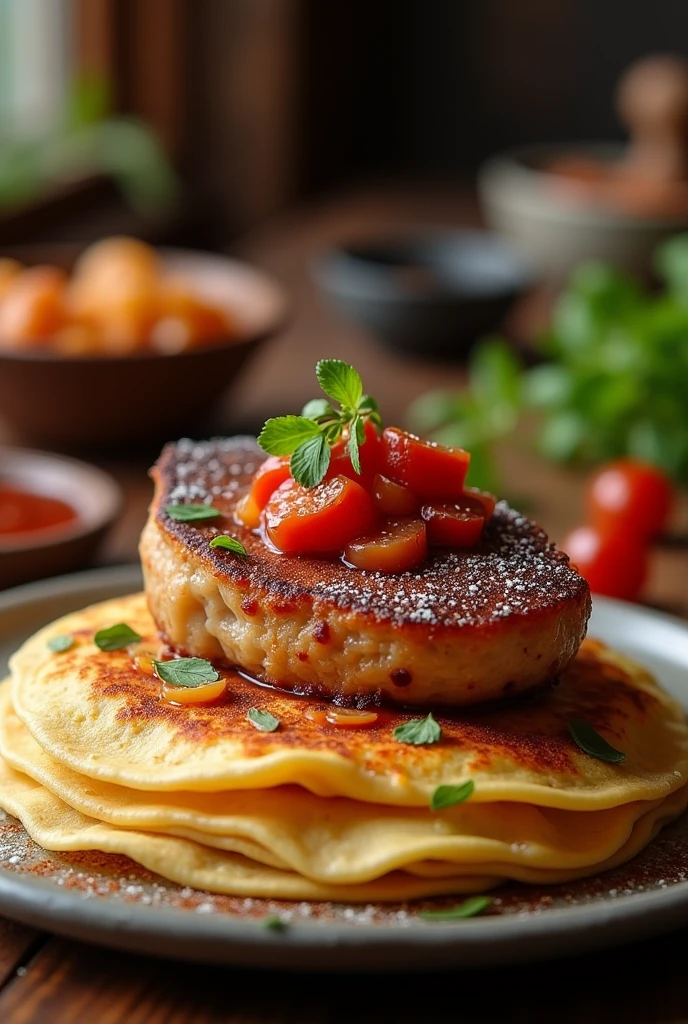 Dessine une crêpe avec une grosse cote de porc dessus