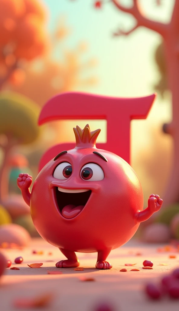 create a 3D animated cartoon alphabet अ and print it same as it is अ and also a talking happy pomegranate with 3D cartoon animated