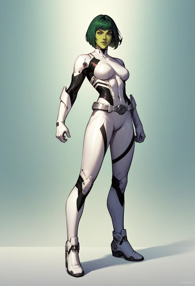 1girl, green skin, dark green hair, seamless bob cut, white mechanical suit, white mechanical pants, black accents, white gloves, white boots, comics, superhero,