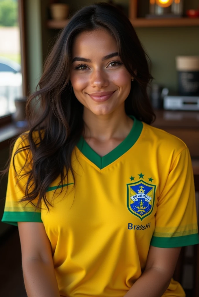 femme Latina de 22 ans avec des grosse lèvre gros seins et le maillot de foot du brésil avec des trait du visage tres realiste et faut pas voir que c est une ia assis et moins maquiller avec quelques  default pour etre plus realiste. happy smile attractive
