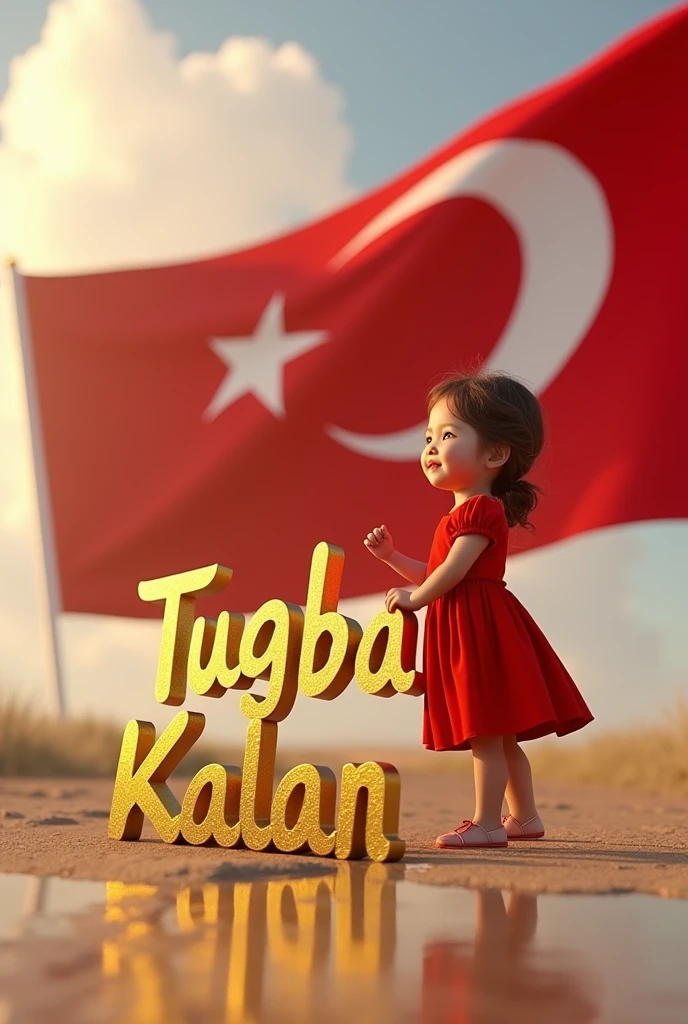 A 3D written "Tugba Kalan" in golden yellow color with its shadow reflected on the ground behind it. A beautiful young woman, 2, wearing a red dress and holding her hand. There is a large Turkish flag in the background. 