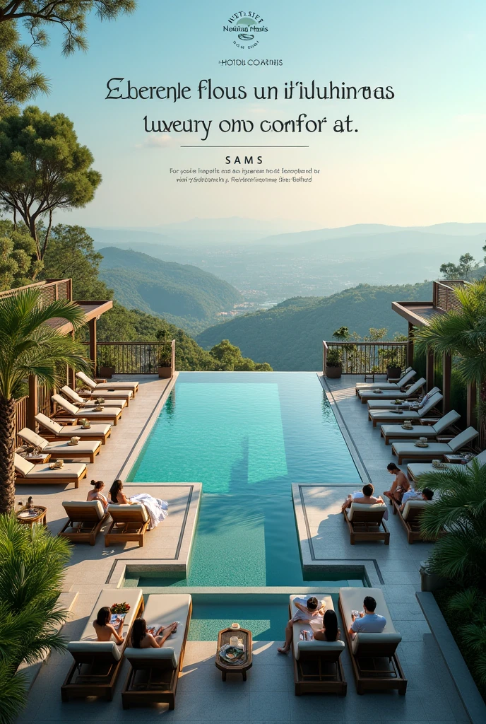 Create an advertisement design for a luxury hotel called 'Hotel Oasis'. The ad should convey a sense of relaxation, elegance, and comfort, highlighting the hotel’s premium amenities, such as the rooftop pool, spa, and gourmet restaurant. Include images of the luxurious rooms, panoramic views from the rooftop, and guests enjoying the serene atmosphere. The design should be sophisticated and inviting, with a main text that says 'Experience unparalleled luxury and comfort at Hotel Oasis!'. Include the hotel’s address, phone number for reservations,