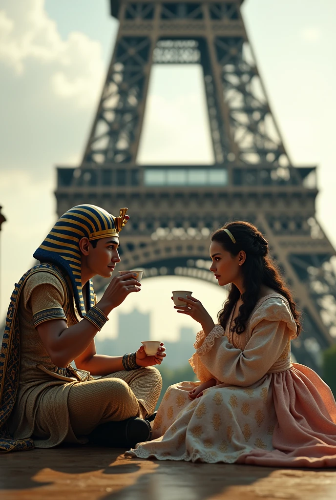 Tutankhamun drinking tea with Anne Boleyn under the Eiffel Tower