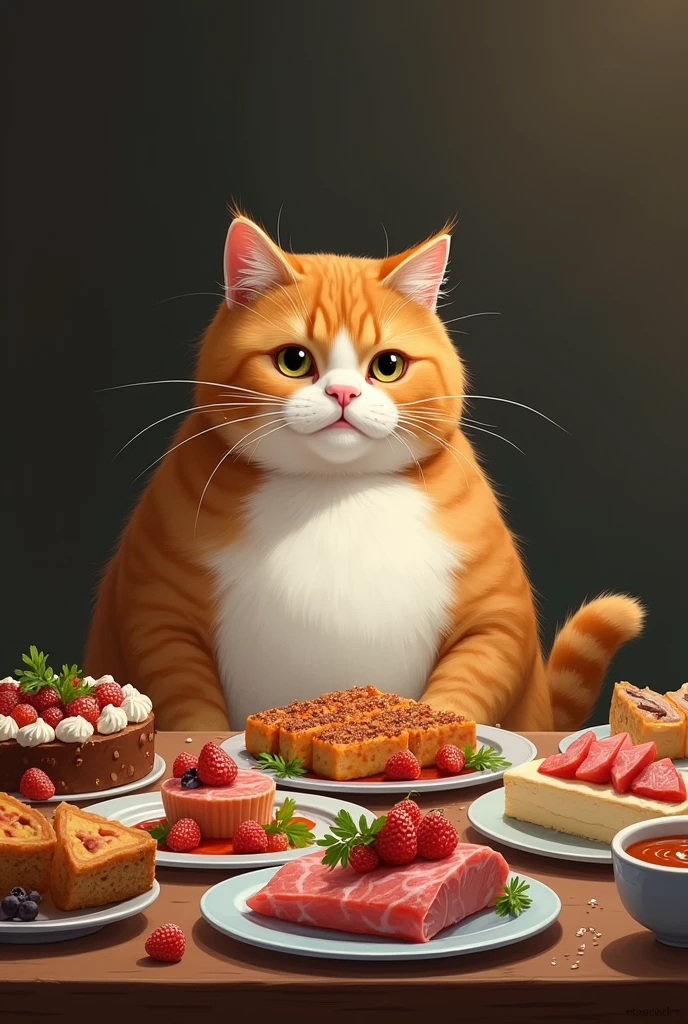The plump protagonist cat is looking at the delicious food on the table.、It depicts a hesitant but patient person.。Meat and fish dishes on the table、Cakes and other items are lined up。