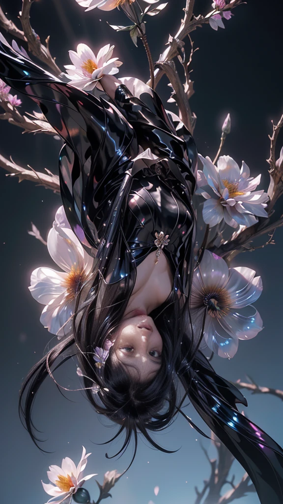 8k, masterpiece, 1 girl, beautiful face, very long hair, light makeup, (glossy skin:1.5), detailed eyes, detailed lips, small bust, short clothing, dragonfly, ((black dragonfly clothing)), ((flowing cape)), light clothing, (flower falling:1.5), god rays, depth of field, ray tracing,