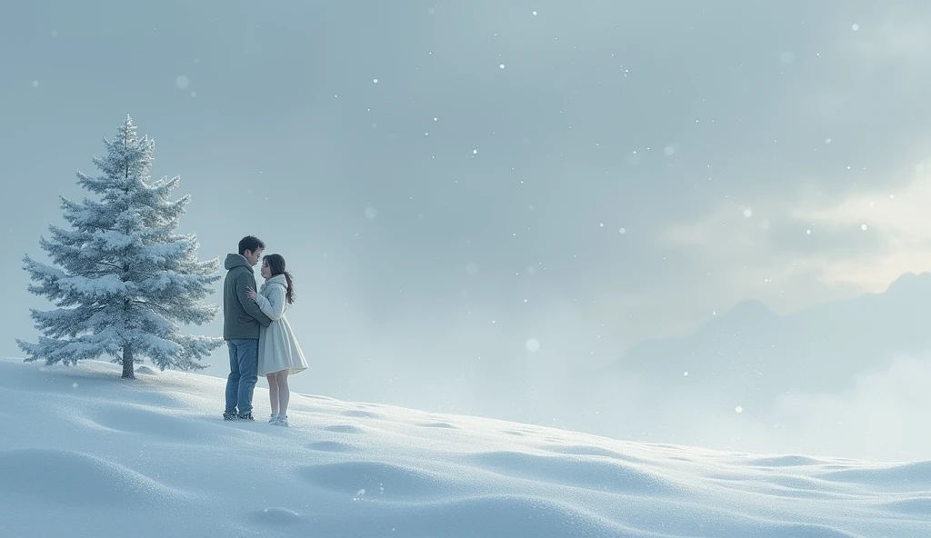 On a snow covered hill, the scene was silent. Snowflakes fall gently from the grey sky, cover the ground with a smooth coat, shimmering in the faint light of dusk. In the distance, a couple standing next to a lonely pine tree, with branches covered in white snow. Both of them held hands., eyes exchanged warmth in the cold of winter. The gentle music of love resounds, blend with the cool breeze, as if time had stopped in this romantic moment.