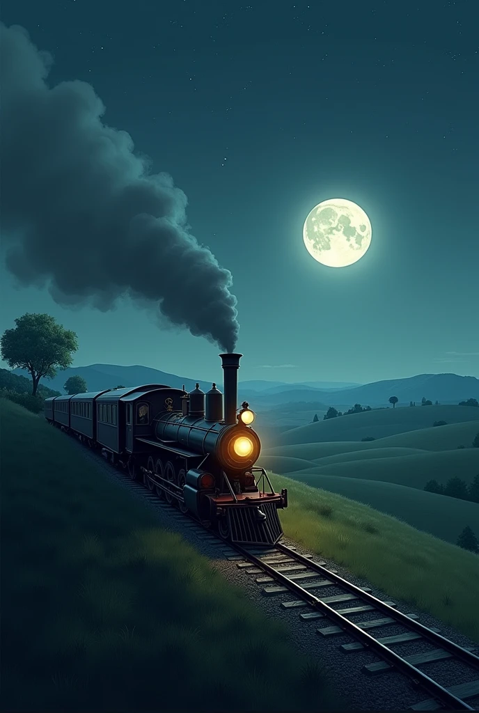 A 2D landscape of a train and above you can see the full moon