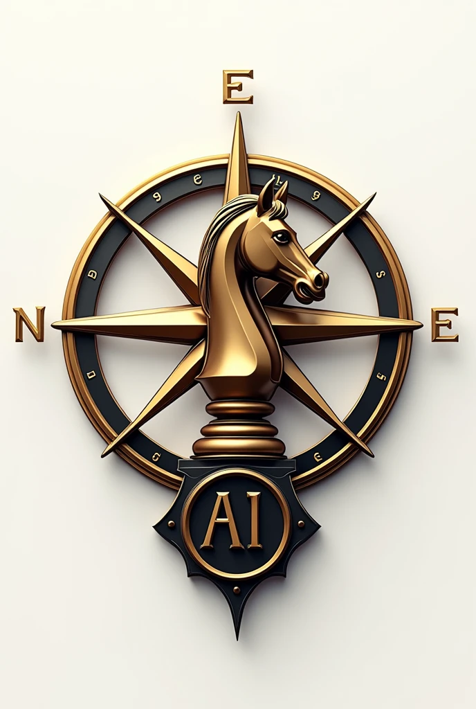 logo en 2D qui représente une boussole élégante avec les directions Nord, Est, Ouest et Sud clairement indiquées. Au centre de la boussole, placez un cavalier d'échecs agressif, avec une attention particulière à ce que le cheval ait une posture puissante et déterminée. Sur le socle du cavalier, inscrivez clairement « AI » en utilisant une typographie qui reflète la modernité et la technologie. Le design doit évoquer le prestige et le sérieux, en utilisant une palette de couleurs dorées et métalliques pour souligner la sophistication et l'innovation. Assurez-vous que le cavalier est distinctement un cheval et que l'acronyme "AI" est bien visible pour souligner l'aspect technologique