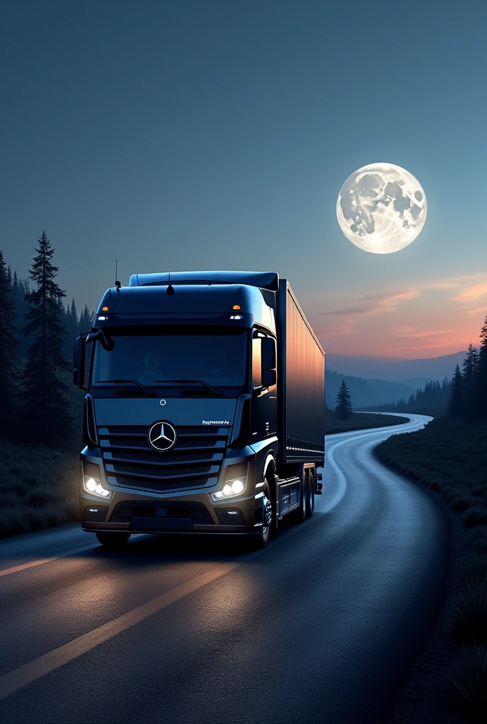 A powerful Mercedes-Benz truck driving on a long, winding road at dusk, with the sky transitioning from the warm colors of sunset to the deep blues of night. The moon, full and luminous, casts a silvery glow over the landscape as the truck navigates through shadowy trees and distant mountains. The scene exudes safety and protection, with the serene night sky and the truck's strong presence symbolizing a calm and secure journey. The image should evoke feelings of trust, strength, and the assurance of a protected journey under the moonlight.