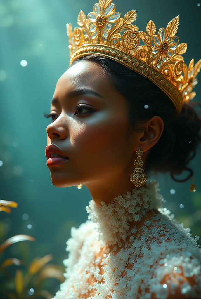 Black woman. Honey brown skin. Mermaid with white crystals all over skin. Golden crown. Ultra high resolution.