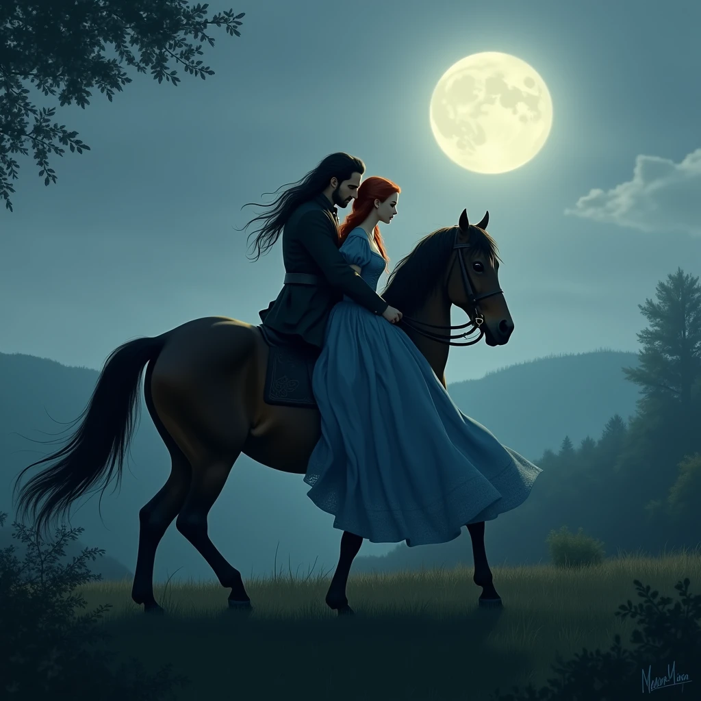 Image of a couple embracing while riding a horse in the moonlight in the 19th century, The man has long black hair down to his back and the woman is a beautiful redhead wearing a blue dress