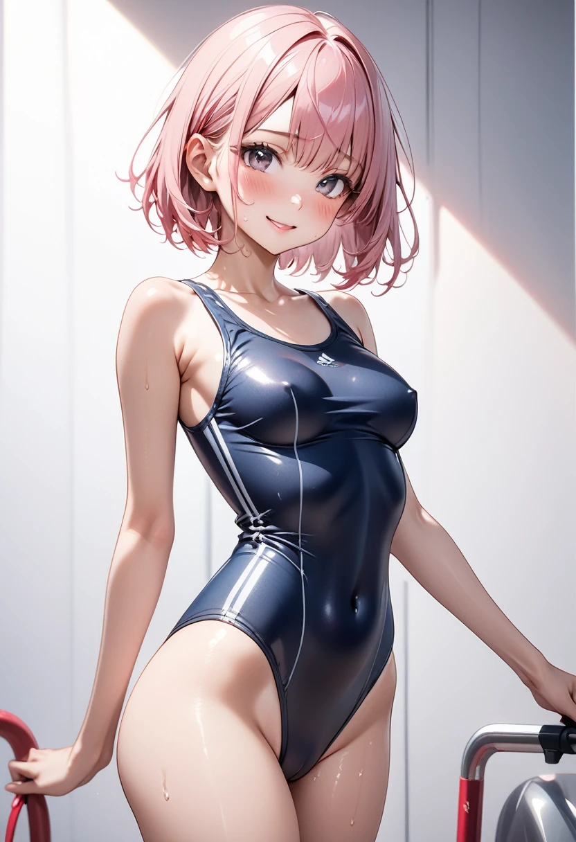 ((School Swimsuit)), ((skindentation)), skinny, alone, solo, 1 woman, Masterpiece, highest quality, highest quality, 16K, incredibly absurd, highly detailed, 2.5D, ai-generated, delicate and dynamic, very delicate facial expressions, delicate eye depiction, erotic, only sexy woman, ((A cute and kind face)), healthy figure, ((1 woman)), 160cm tall, ((medium firm swaying bust)), medium breasts, (short hair), Straight Hair, (pink hair:1.5), bob cut, black eye, blush, Sweat,Embarrassed,sexy, ((thin thighs)), (camel toe:0.4), (visible nipples:0.8), (Erect nipples,:0.9), shiny and lustrous, facing straight at viewer,  smile, ((Oily_skin)), dark skin, ((standing)), ((arm at side)),