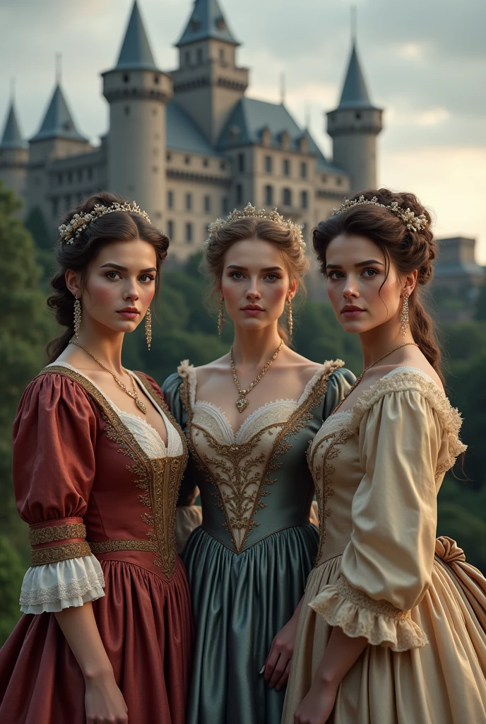 three women dressed in period clothing, in the background a castle
