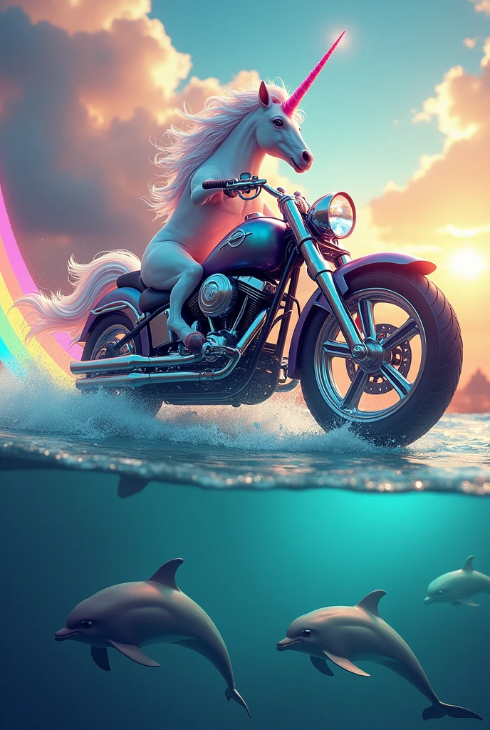 Create a unicorn on a motorcycle riding over a rainbow trail with a colorful skyscape. And that dolphins can be seen below