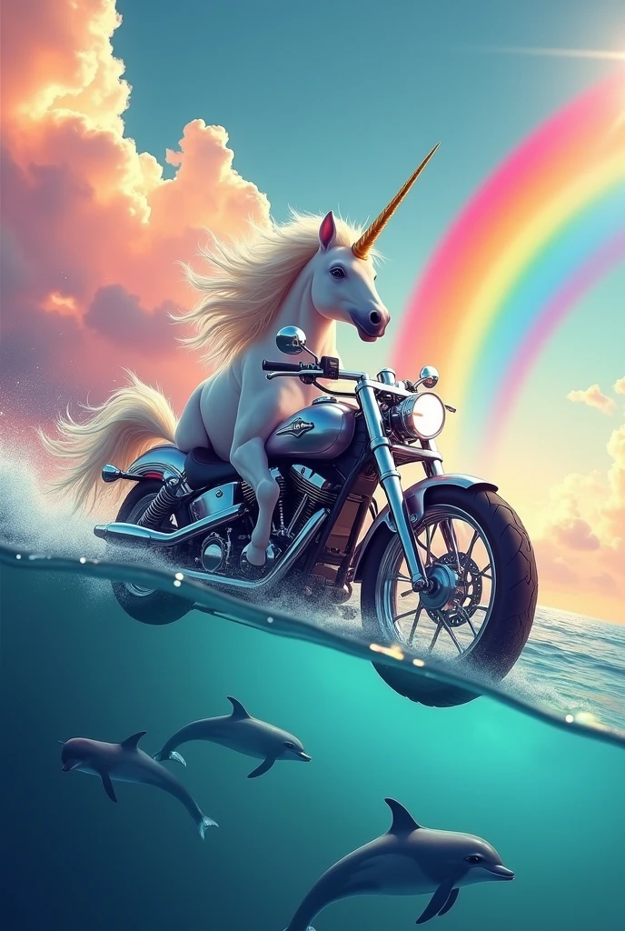 Create a unicorn on a motorcycle riding over a rainbow trail with a colorful skyscape. And that dolphins can be seen below