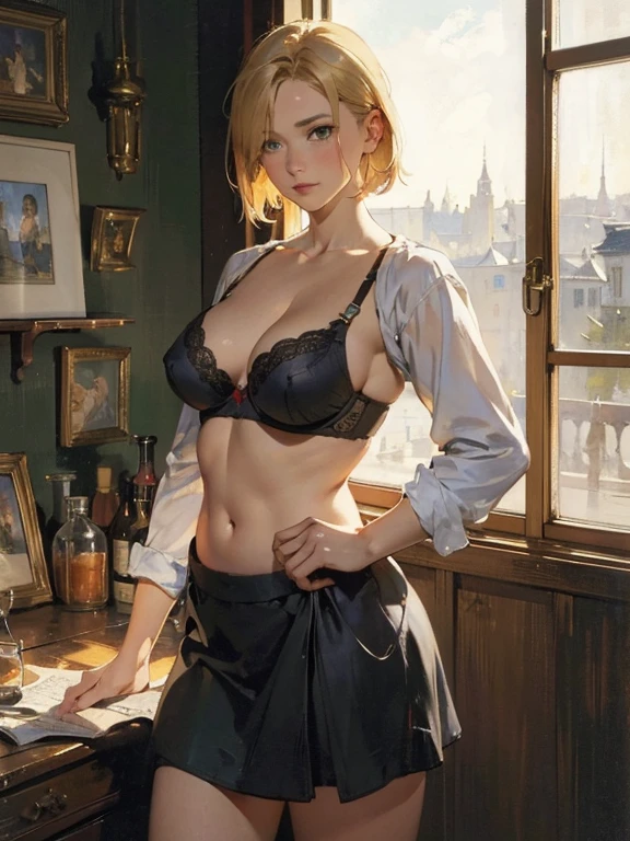 art by (Carl Larsson:1.2),(post-Impressionist),,((oil painting)),soft lighting,COOL,cammy sf6, 1girl,solo,blonde hair, short hair,Absurd resolution, A high resolution, (tmasterpiece:1.4), ((gigantic braests)), ultra - detailed, 1girll, brown color eyes, cabelos preto e longos，Wear a police uniform and a short skirt, the city street,sexyposture, The camera is close to the body　1girl, solo, maria tachibana, blonde hair, hair over one eye, short hair, green eyes, large breast, sexy bra, cowboy shot