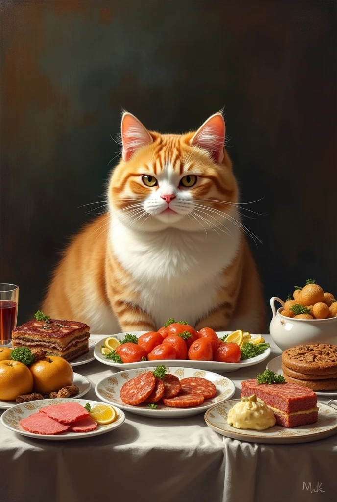 The plump protagonist cat is looking at the delicious food on the table.、It depicts a hesitant but patient person.。Meat and fish dishes on the table、Cakes and other items are lined up。