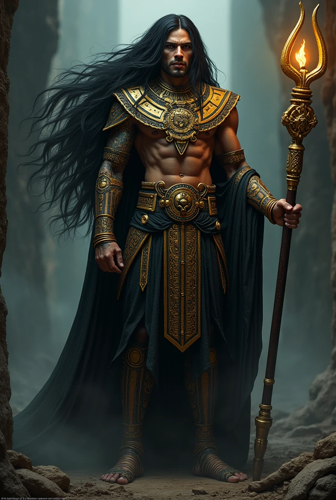 Aztec god of death and ghosts, he is the king of the underworld, a tall, handsome man with long black hair, who has a golden staff.