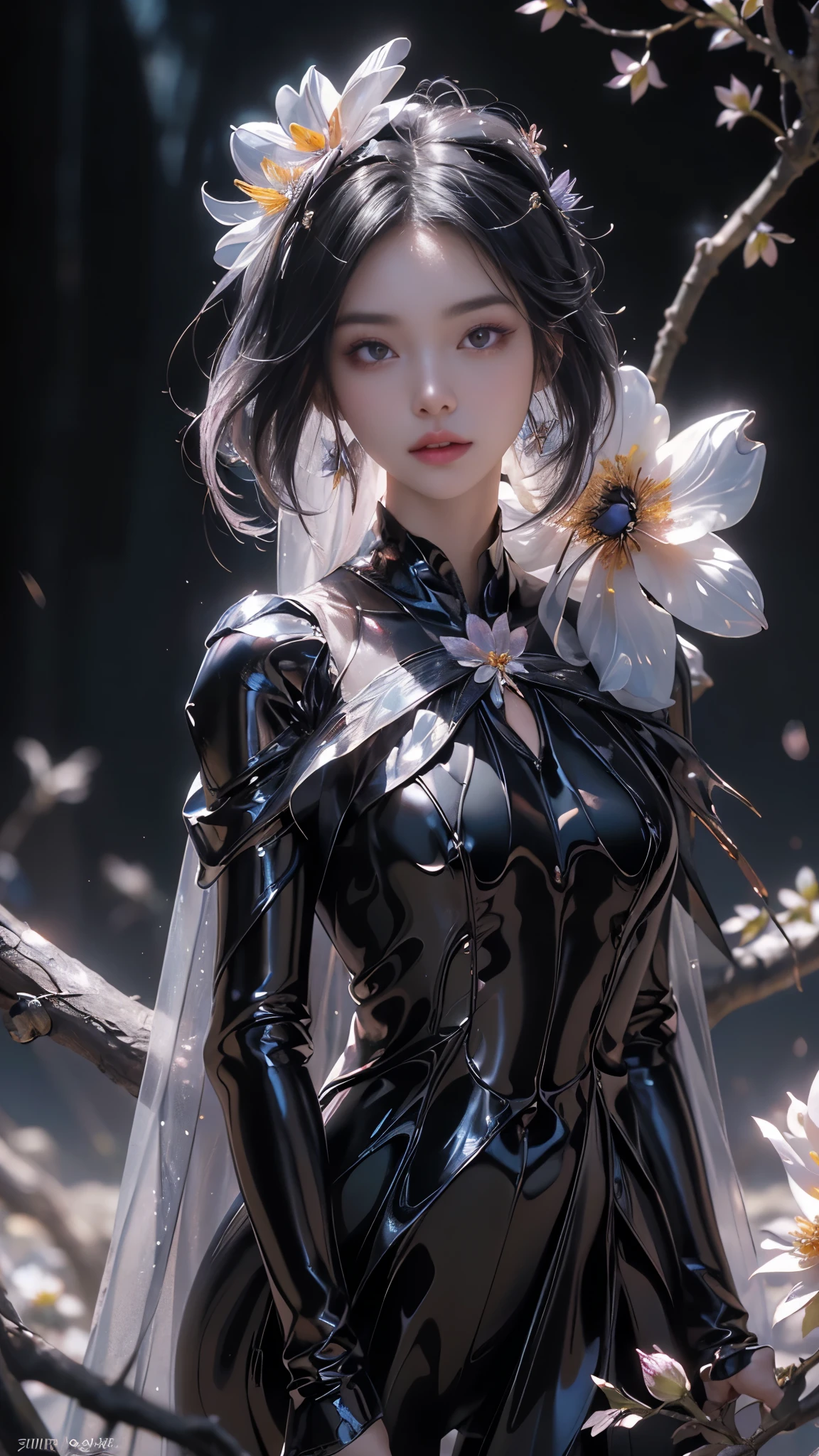 8k, masterpiece, 1 girl, beautiful face, very long hair, light makeup, (glossy skin:1.5), detailed eyes, detailed lips, small bust, short clothing, dragonfly, ((black dragonfly clothing)), ((flowing cape)), light clothing, (flower falling:1.5), god rays, depth of field, ray tracing,