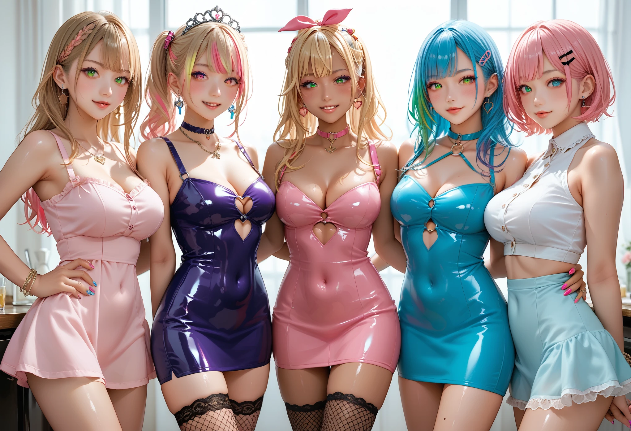 Score_9, score_8_up, score_7_up, score_6_up, rating:safe, (4girls), looking at viewer, detailed eyes, blush, multiple girls, vtuber, virtual youtuber, multicolored hair, standinglineup, line up, side by side, take your pick, gyaru, bodycon, shiny dress, clothing cutout, elbow gloves, microskirt, o-ring, pink dress, blue dress, green dress, purple dress, bow, navel, midriff, fishnet thighhighs