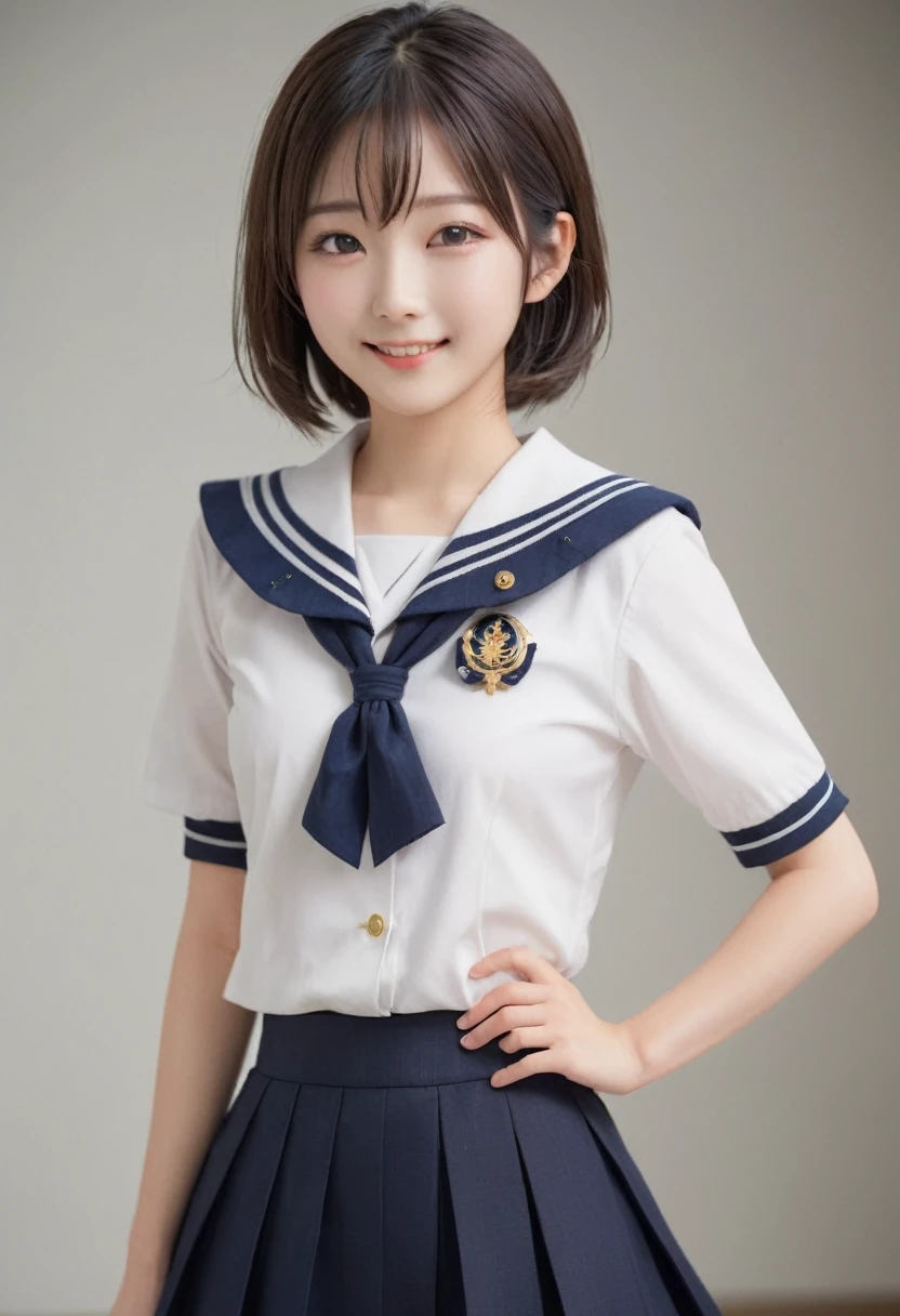 Masterpiece, top quality, best quality,
(Japanese:1.4),
realistic,
highly detailed,
detailed skin, skin pores,
detailed hair, detailed eyes,
detailed clothes,
depth of field, film grain, dramatic lighting,
1girl, smile, 17yo, sailor uniform, medium breasts, two side up , cowboy shot