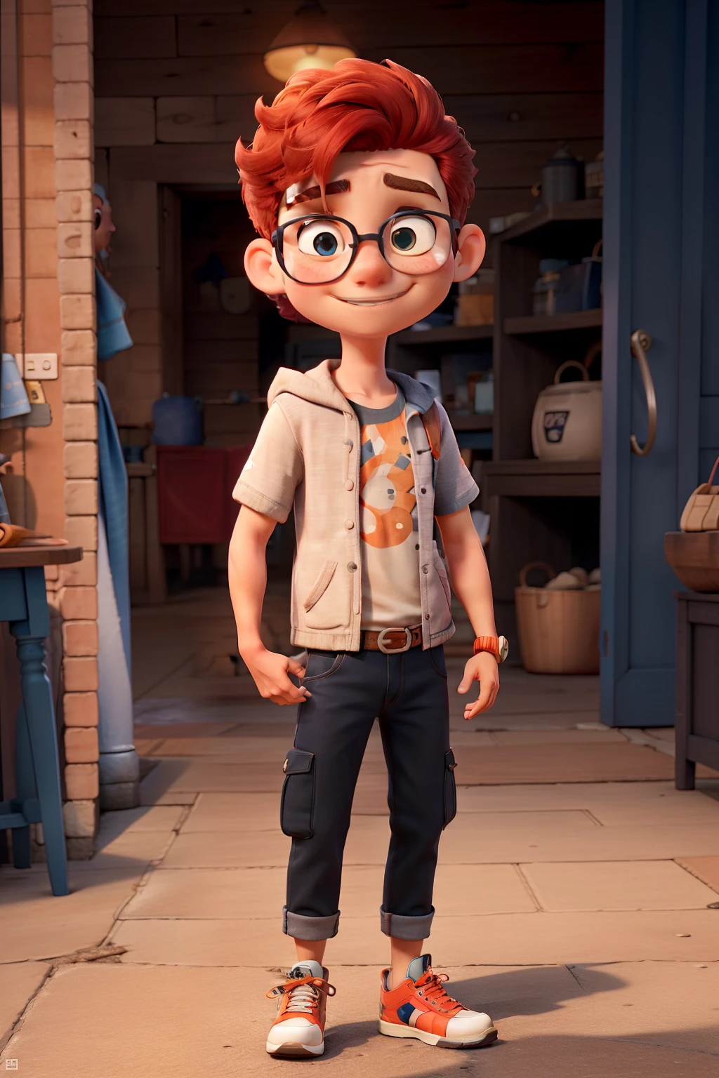 character creation:  Baixo e Ruivo com Óculos Disney  style

Descrição Física:

charachter: MALE Height: Low Hair Color:  SHORT ALMOST BALD AND RED HAIR STYLE: Short and a little messy Glasses: Disney  style (big and round, with a black or colored frame)
Clothing:

t - shirt: Orange Pants: black (jeans or casual fabric)
Accessories:  GLASSES Add a pair of sneakers or shoes to complement the look Additional Features:

Facial expression: Cheerful and curious posture: Positive and energetic