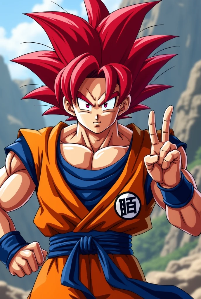 Goku with a PC gamer red hair making a v with his fingers 