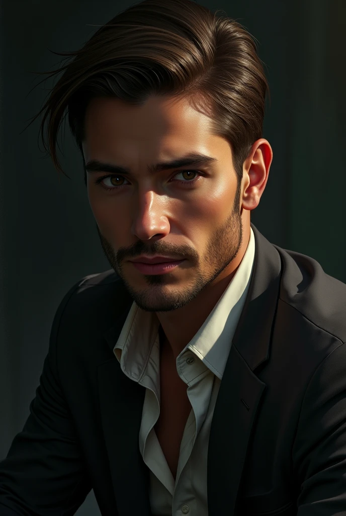 Generate a picture of an identity thief who is a brown-haired and handsome man