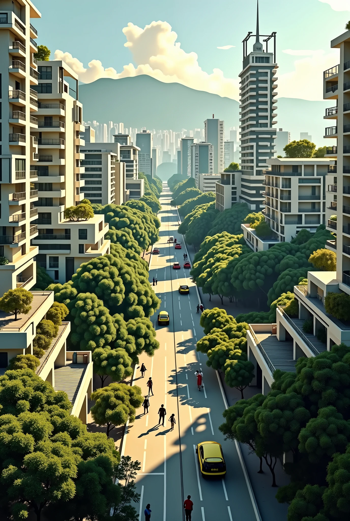 a tecnological brasilian city, with a lot of vegetation, where everyone cares about sustainability, permeable building facade, using the ideology from the book "city of tomorrow", the buildings should have a modernist parede of 1950 until 1950 style, full of green areas, with polution, with poverty, on a sunny day, where every citizan use the public transportation, realistic image as a bird perspective

