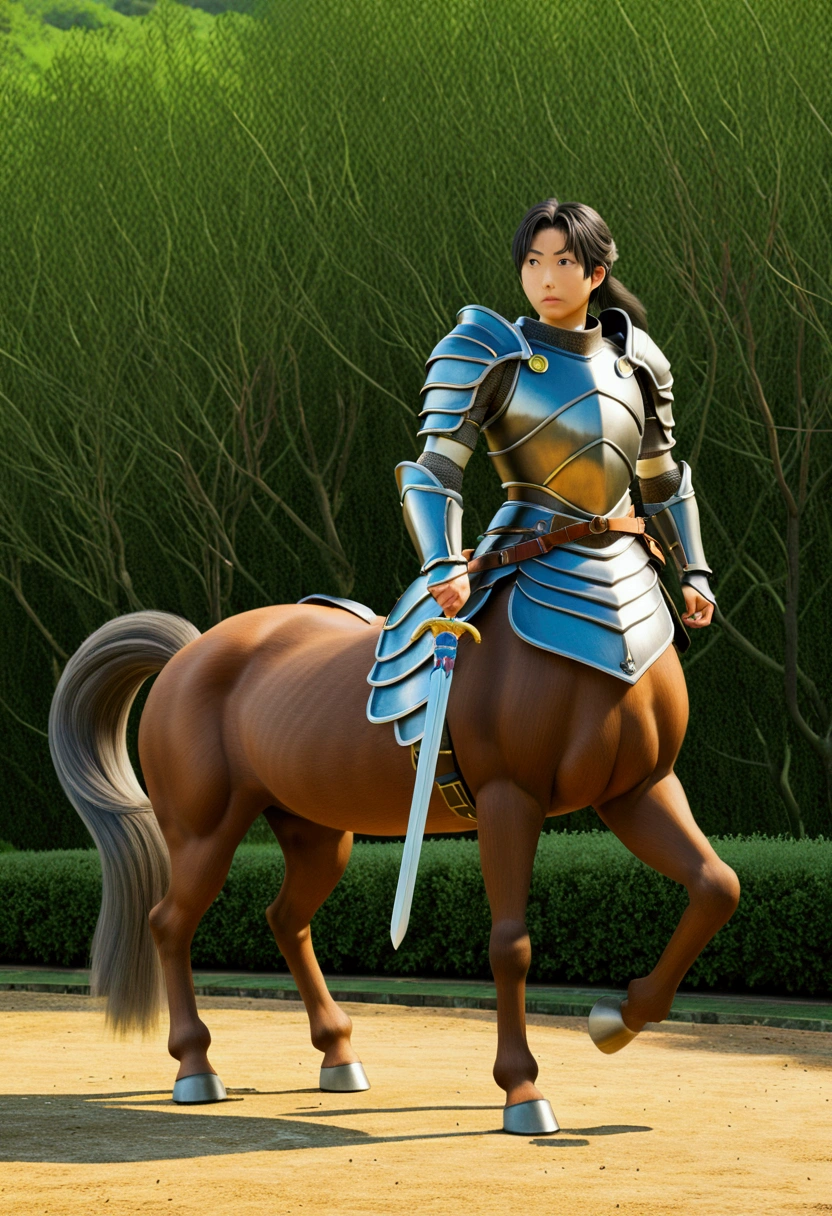 a legend Centaur, Centaur-type warrior, Armor, Battle Stance, by Studio Ghibli Style, Ghibli color, Miyazaki Hayao style, (best quality, masterpiece, photorealistic), very aesthetic, perfect composition, intricate details, ultra-detailed, vivid colors