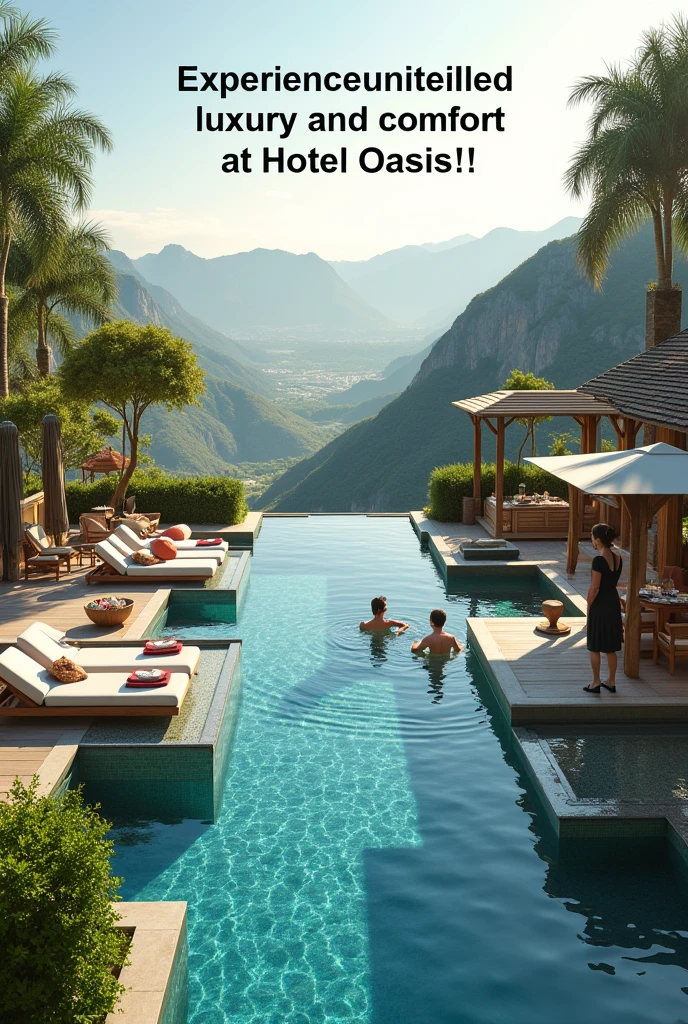 Create an advertisement design for a luxury hotel called 'Hotel Oasis'. The ad should convey a sense of relaxation, elegance, and comfort, highlighting the hotel’s premium amenities, such as the rooftop pool, spa, and gourmet restaurant. Include images of the luxurious rooms, panoramic views from the rooftop, and guests enjoying the serene atmosphere. The design should be sophisticated and inviting, with a main text that says 'Experience unparalleled luxury and comfort at Hotel Oasis!'. Include the hotel’s address, phone number for reservations,