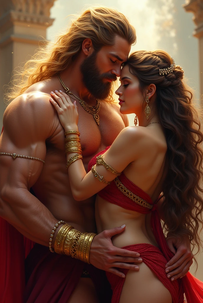 Regal and stately, a majestic king in the throes of passion, mid-age, with a clear, powerful gaze and a muscular physique, tousled golden mane cascading down over broad shoulders, cupping a voluptuous queen with one hand, the other hand trailing down the curvaceousform, both bodies adorned with golden bracelets and glowing under soft, ethereal lighting, a theme of passion and power, hyperrealistic, luscious, sensual, vibrant color palette, contrasting textures, combination of oil painting and digital art, 8k, artstation, deviantart, dribble, redbubble, teepublic.