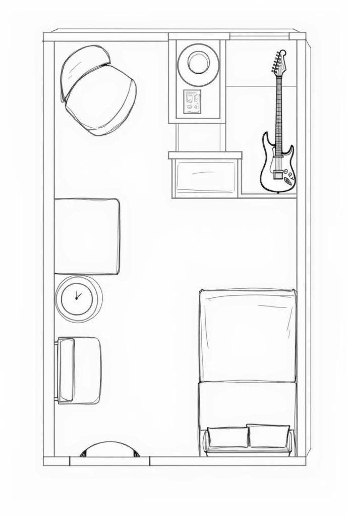 A sketch of a drawing of a room without color and that is of a person who likes the electric guitar without the person and that is a floor plan with a little more furniture seen from above the room that is a personal room without armchairs and with a simple bed