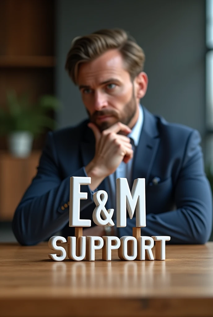 (photorealism:1.2), logotype, E & M Support LLC, doing management and enterprising, logo on wood, the man thinking on the background