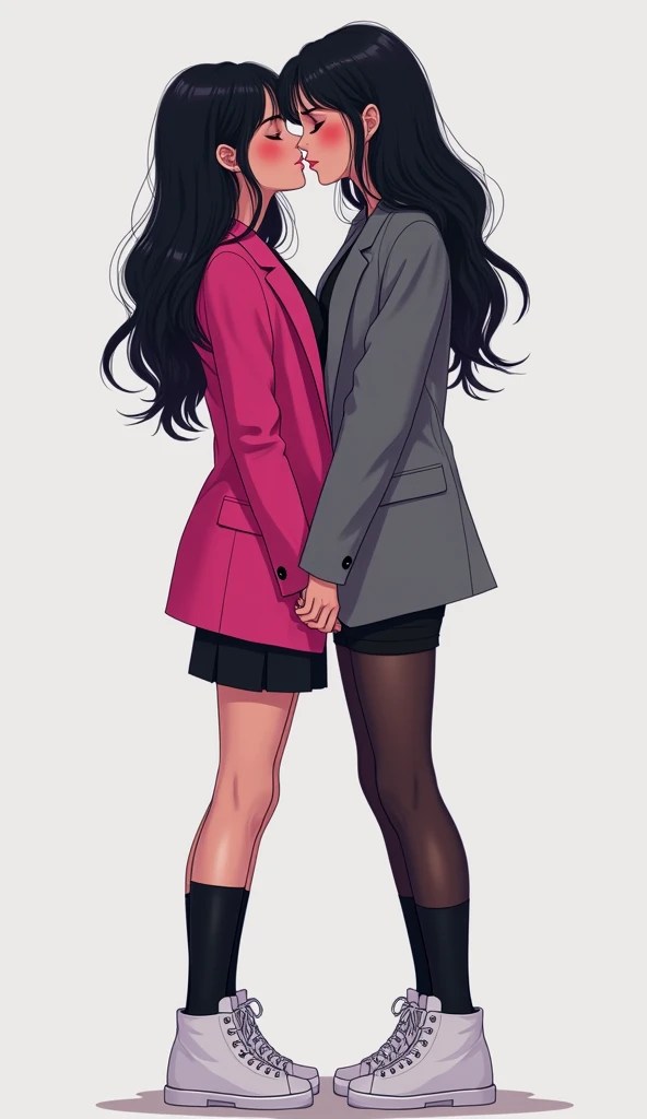 Two young womens long black hair, yuri, same height.

The first young women wear a hot pink suit jacket, The second young women wore a grey suit jacket, they are wearing the black shirt, black pencil skirts, black underpants, long black tights, medium black socks, white sneakers boots.
french kiss, lesbian kiss, huggings, sensual bodies, closed eyes, used one hand lift up the black pencel skirt, light grey background, cartoon novel, 4K, HD