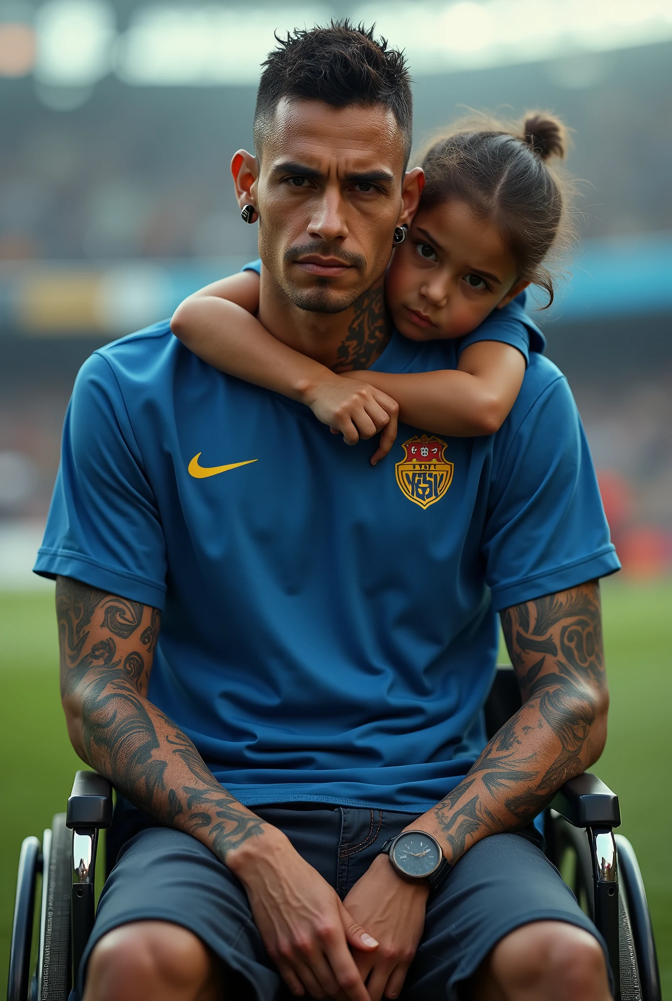 Javier, twenty Colombian man, sad and deep look - Thin body due to his Leukemia - Tattooed arms - Soccer field stadium - With a blue shirt, his favorite team 'boca junior'-black expanders or piercings in your ears - Short hair - Dark circles under his eyes - Sitting in a wheelchair - Looking at the camera to speak directly and sitting on his lap is his eldest fourteen-year-old daughter wearing the same blue shirt as her father with her favorite team with a sad and resigned look.