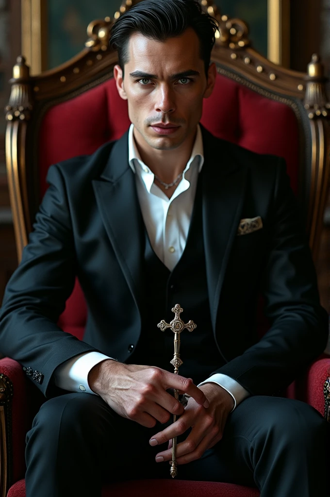 PhotoRealism: a good looking vampire, seating on a chair holding a rosary, wearing a hot seductive formal outfit