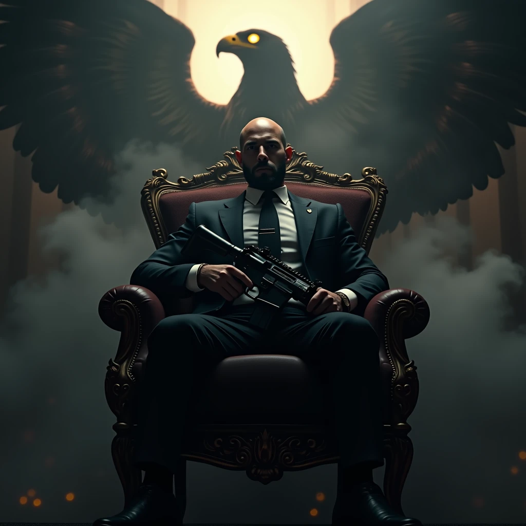 Create a realistic image where a man wearing black luxury suit and sitting on king size chair, he's holding a m416 gun in his hand, there is smoke in background a shadow of eagle and eagle eyes is glowing in yellow colour. In background the name "chico" is showing in bold effects just attached above the chair the head of the character as per his name.